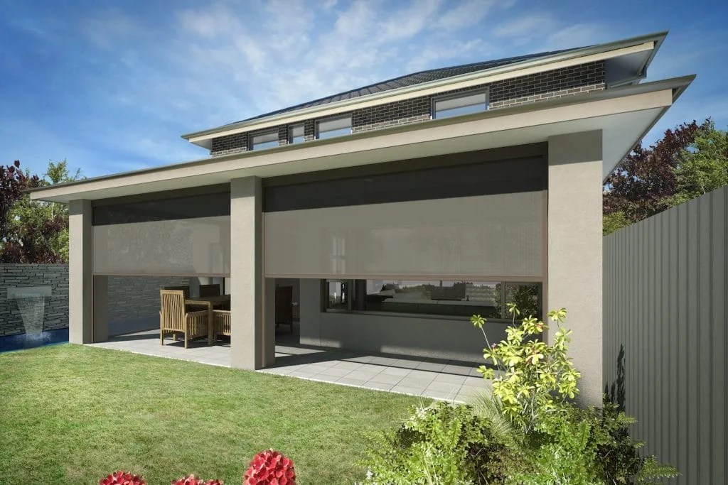Exterior zipper track shades installed across a modern covered patio pavilion.