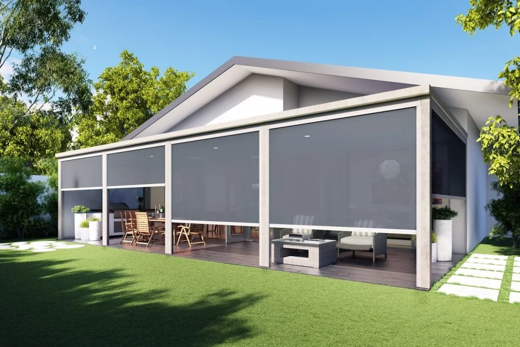 Zipper track shades enclosing a modern pergola and outdoor living area.